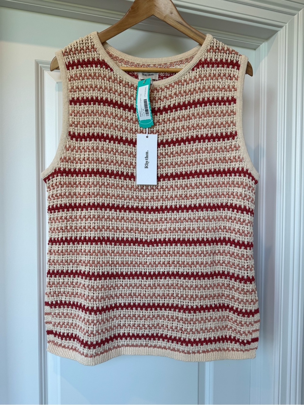 Rhythm Tami Stripe Knit Longline Tank Top Coral Red Cream Size M NWT